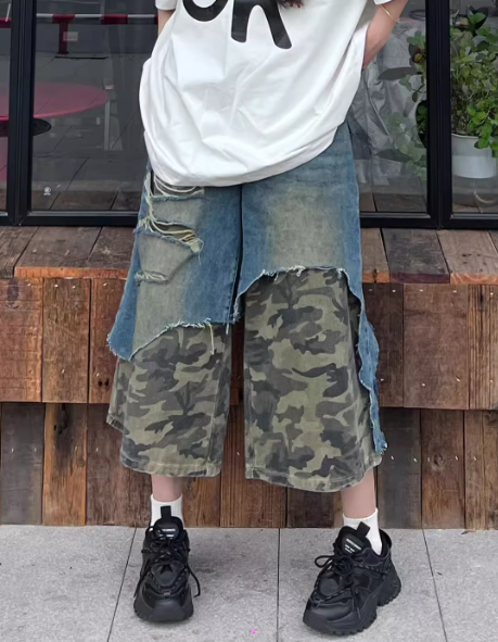 Camo Denim Jort Distressed