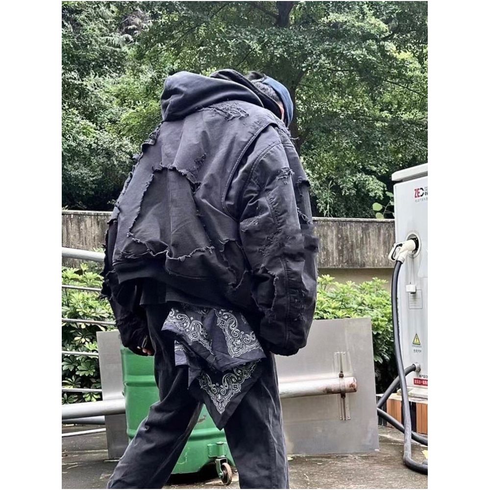 Randomly compare the new 25FW designer black distressed washed old zipper hoodie hooded jacket cotton jacket image 3