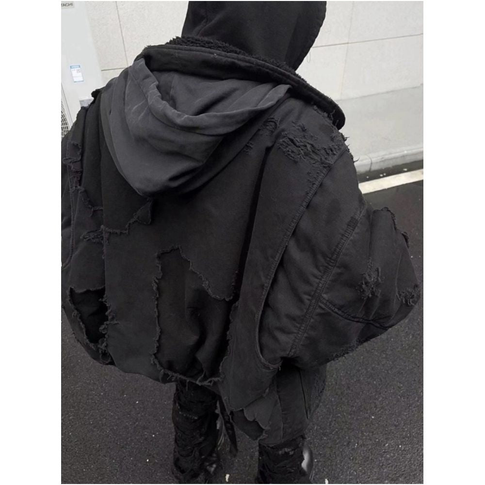 Randomly compare the new 25FW designer black distressed washed old zipper hoodie hooded jacket cotton jacket image 4