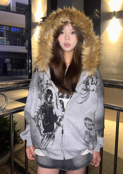 Y2K Grey Fur Hoodie KAWAII