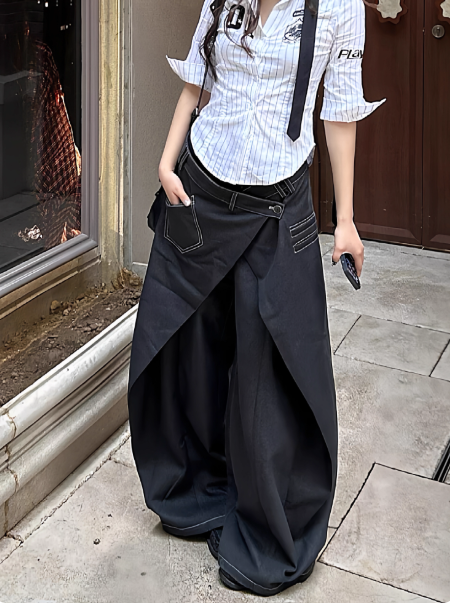 Layered Wide-Leg Denim Pants