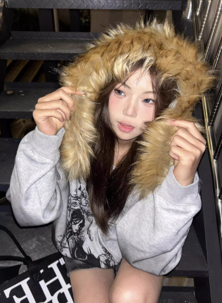 Y2K Grey Fur Hoodie KAWAII